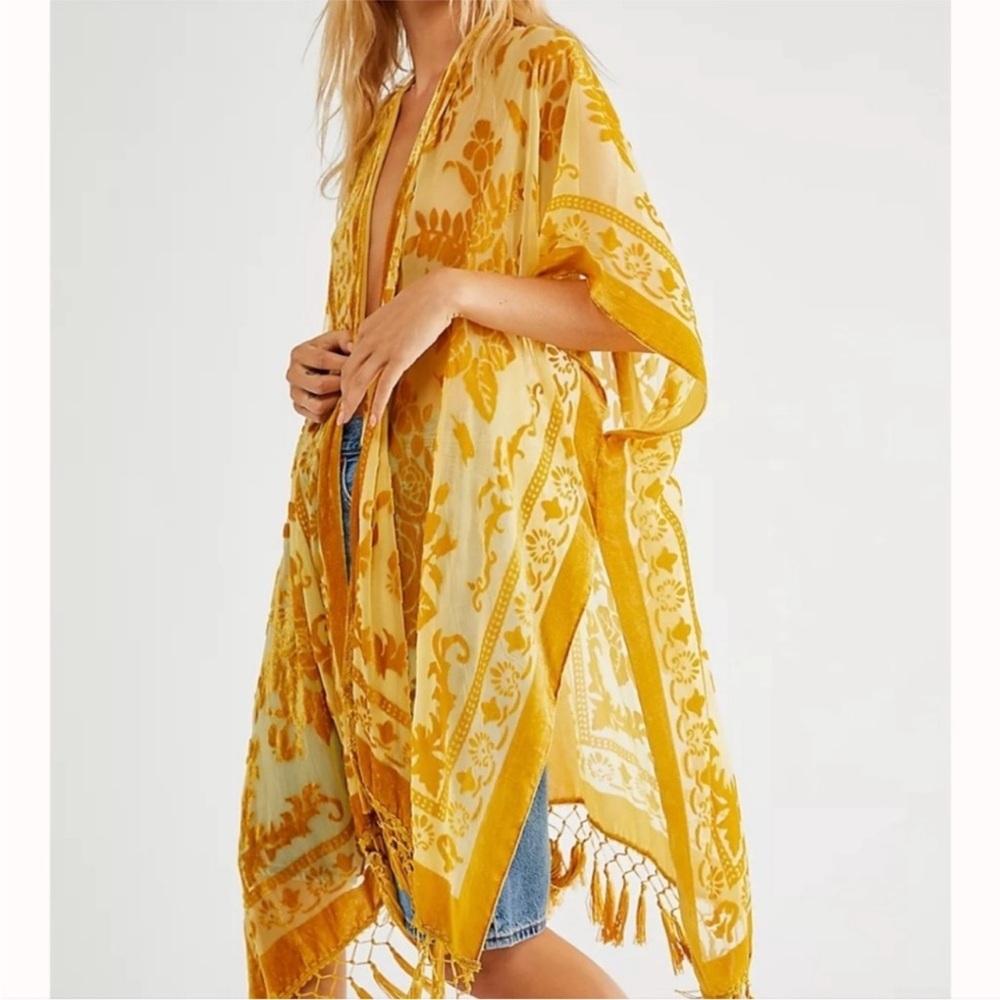 NWT * Free People Nightbird Burnout Kimono with Fringes